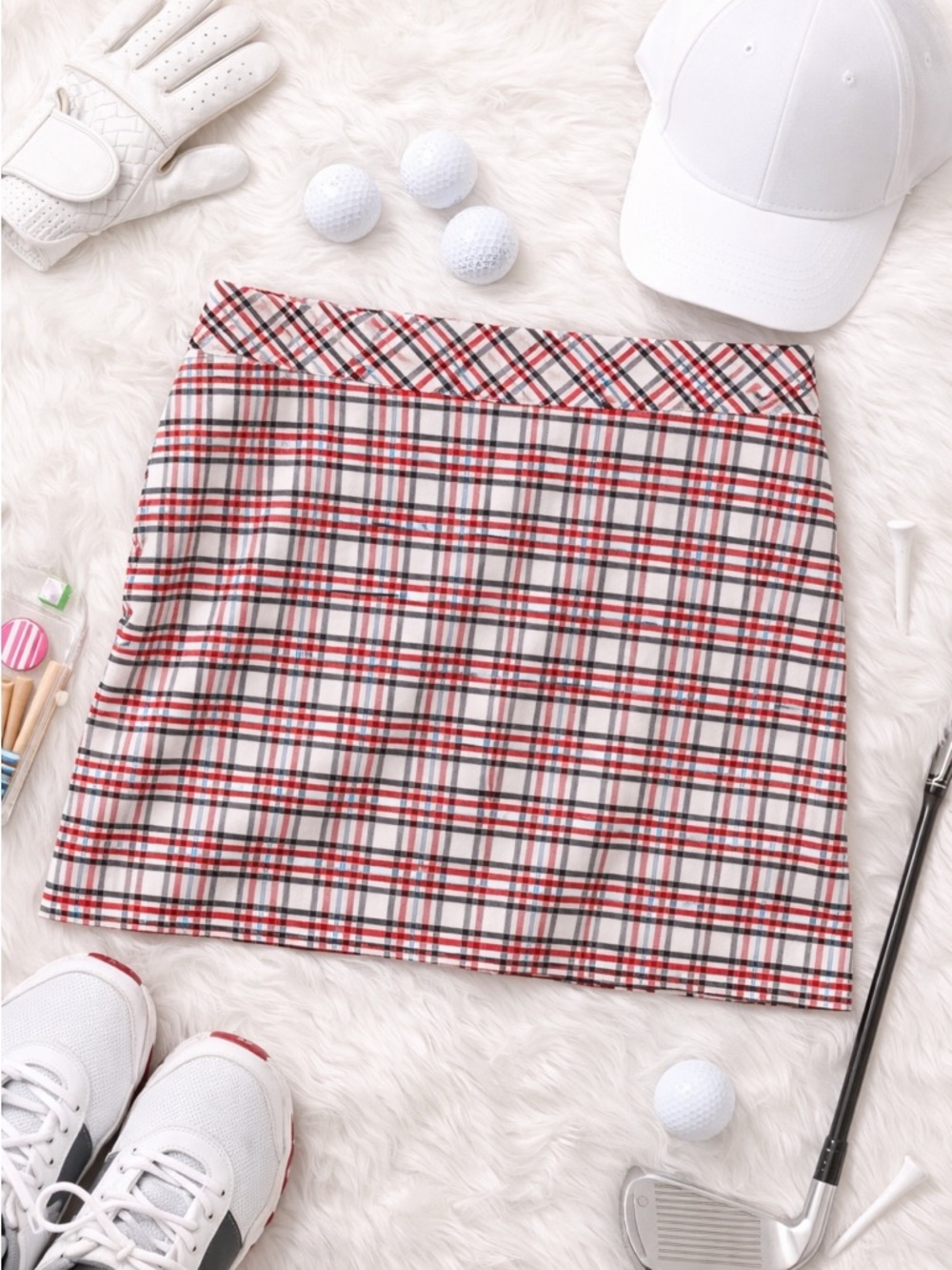 IZOD Plaid Golf Skirt Size 2 Red White Black Athletic Skort 16” Length Preppy